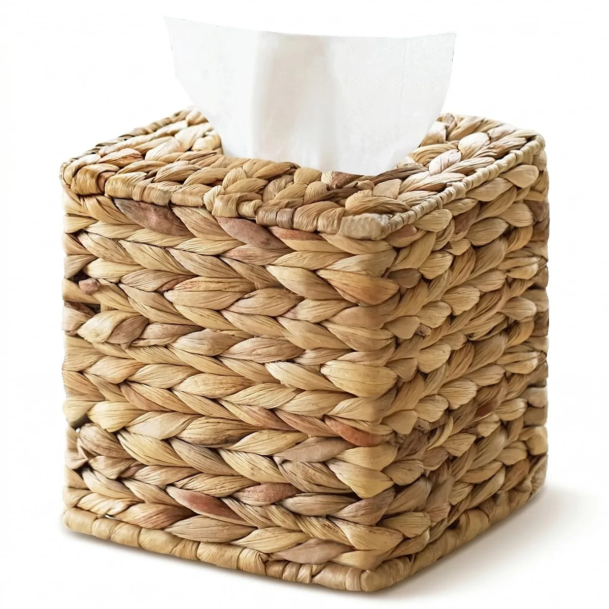 Square handwoven water hyacinth tissue box cover, natural finish, open bottom