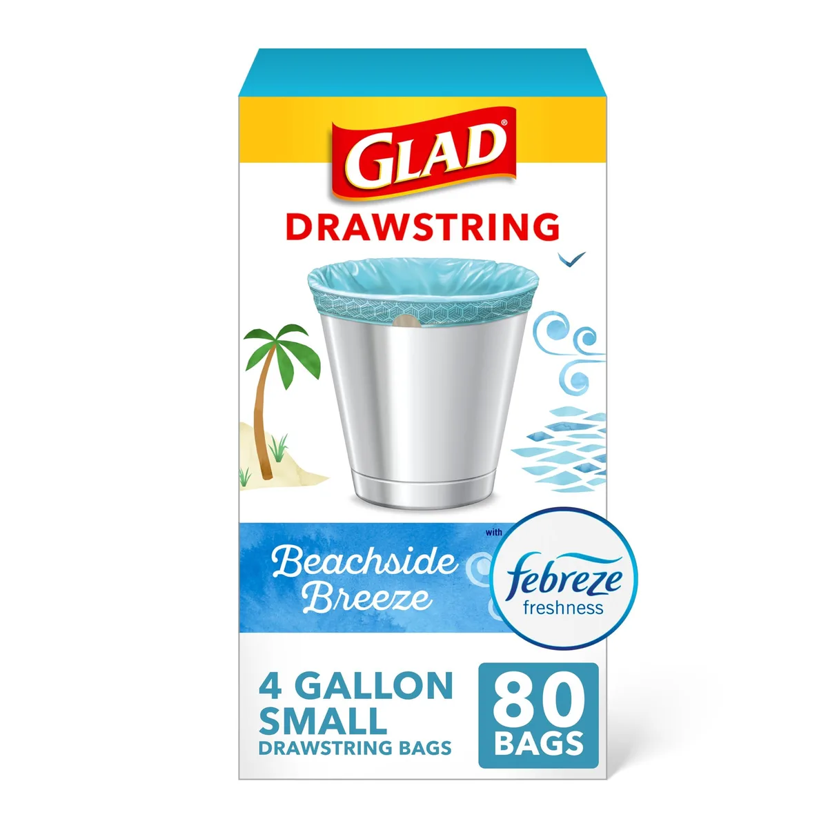 Box containing 80 blue rectangular drawstring trash bags