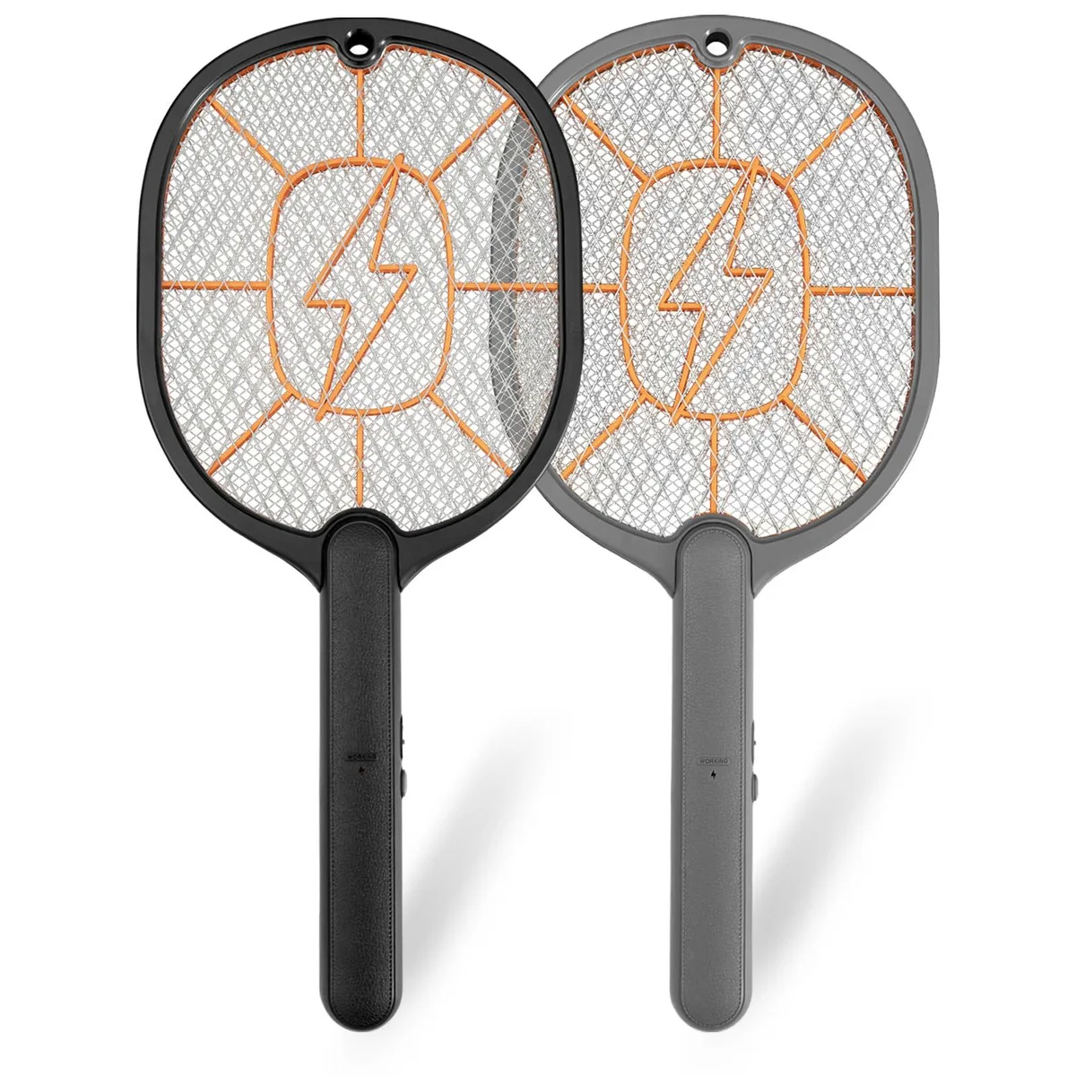 Two black and grey plastic bug zapper rackets with mesh grids and leather-textured handles