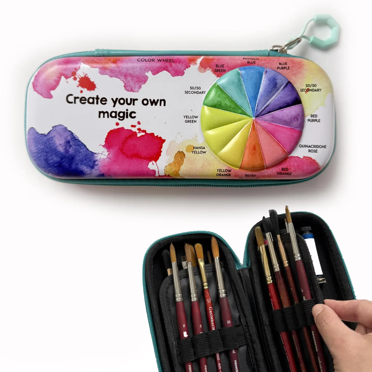 Zippered travel pouch with 16 elastic brush slots, opens flat