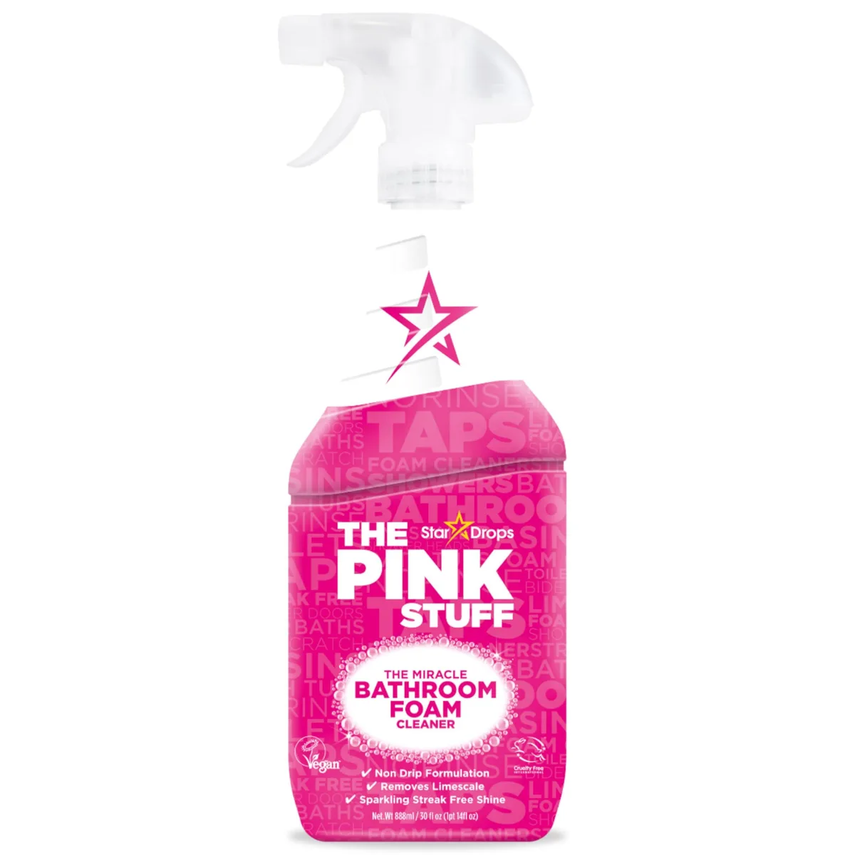 Pink spray bottle with foaming bathroom cleaner 30 fl oz