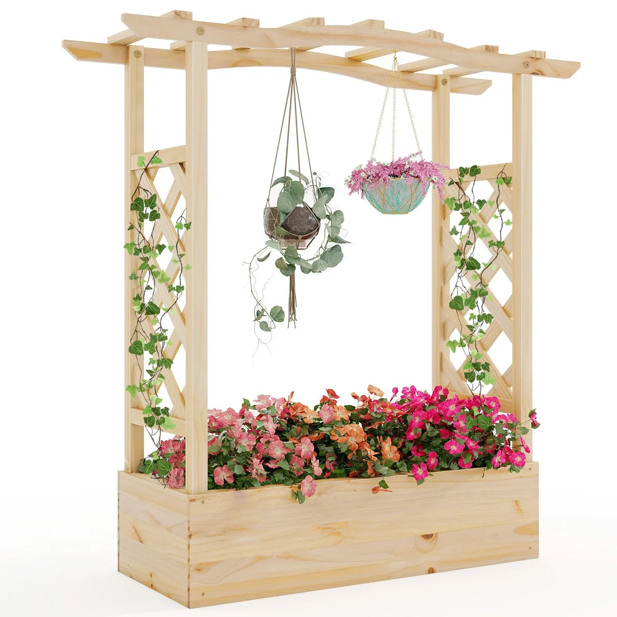 SlickBlue SlickBlue Wooden Raised Garden Bed Planter Box with Trellis and Hanging Roof Natural 44x14x45 inches — product photo