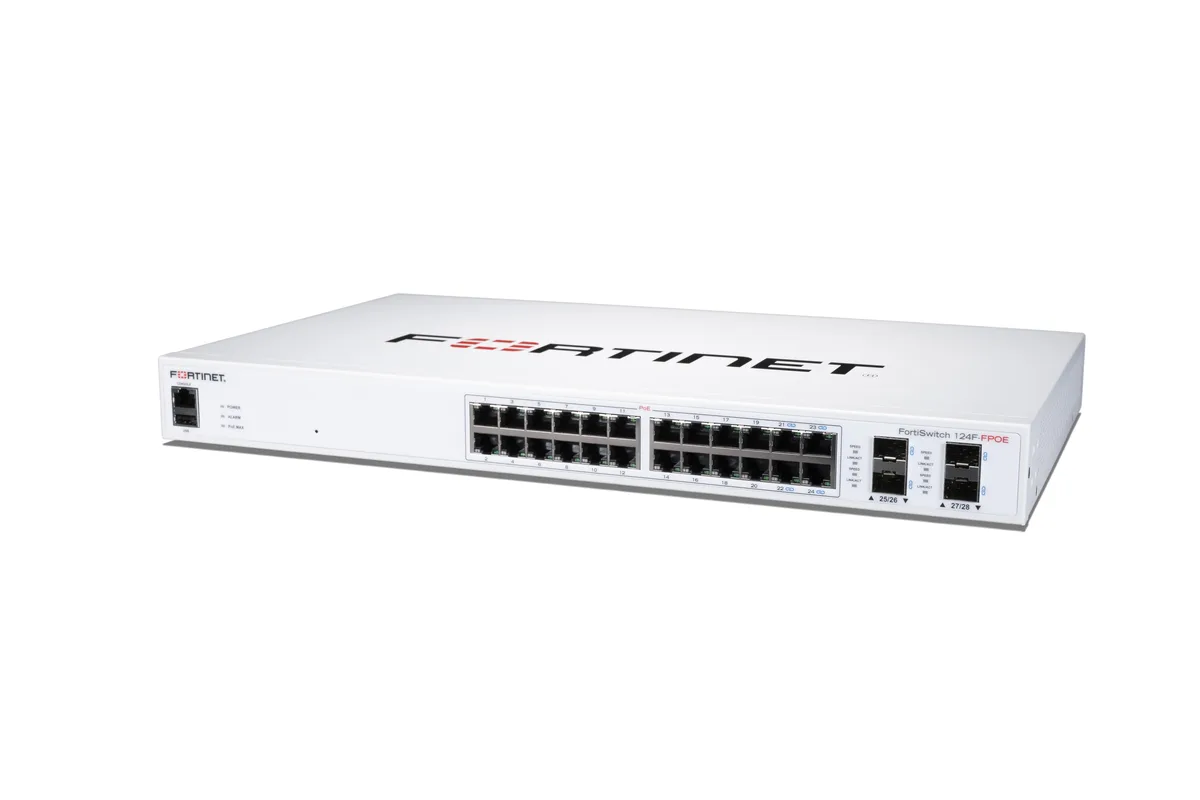 Fortinet Fortinet FS-124F-FPOE network switch 24 GE RJ45 4 10G SFP+ 370W PoE+ — product photo