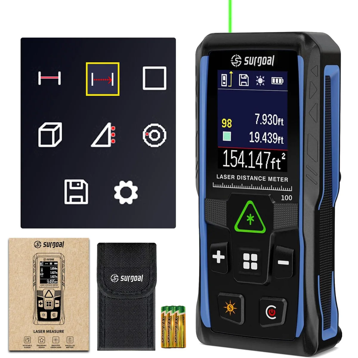 Handheld green laser distance meter with rotating colour LCD display and canvas carry bag