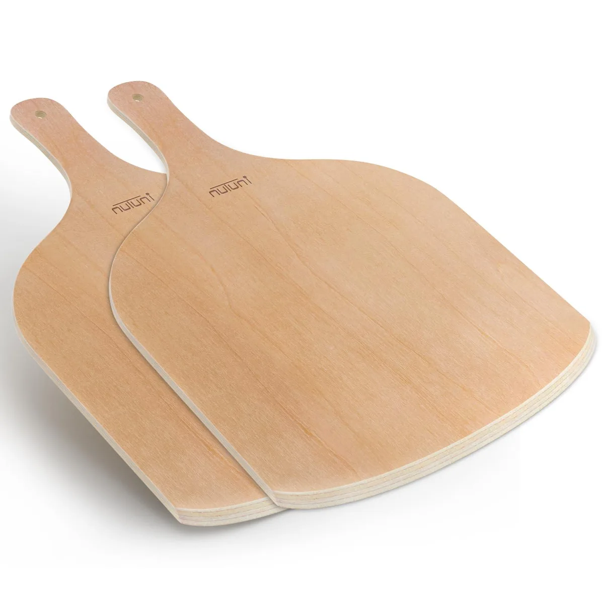 Two natural wood pizza peels with tapered edges and hanging holes