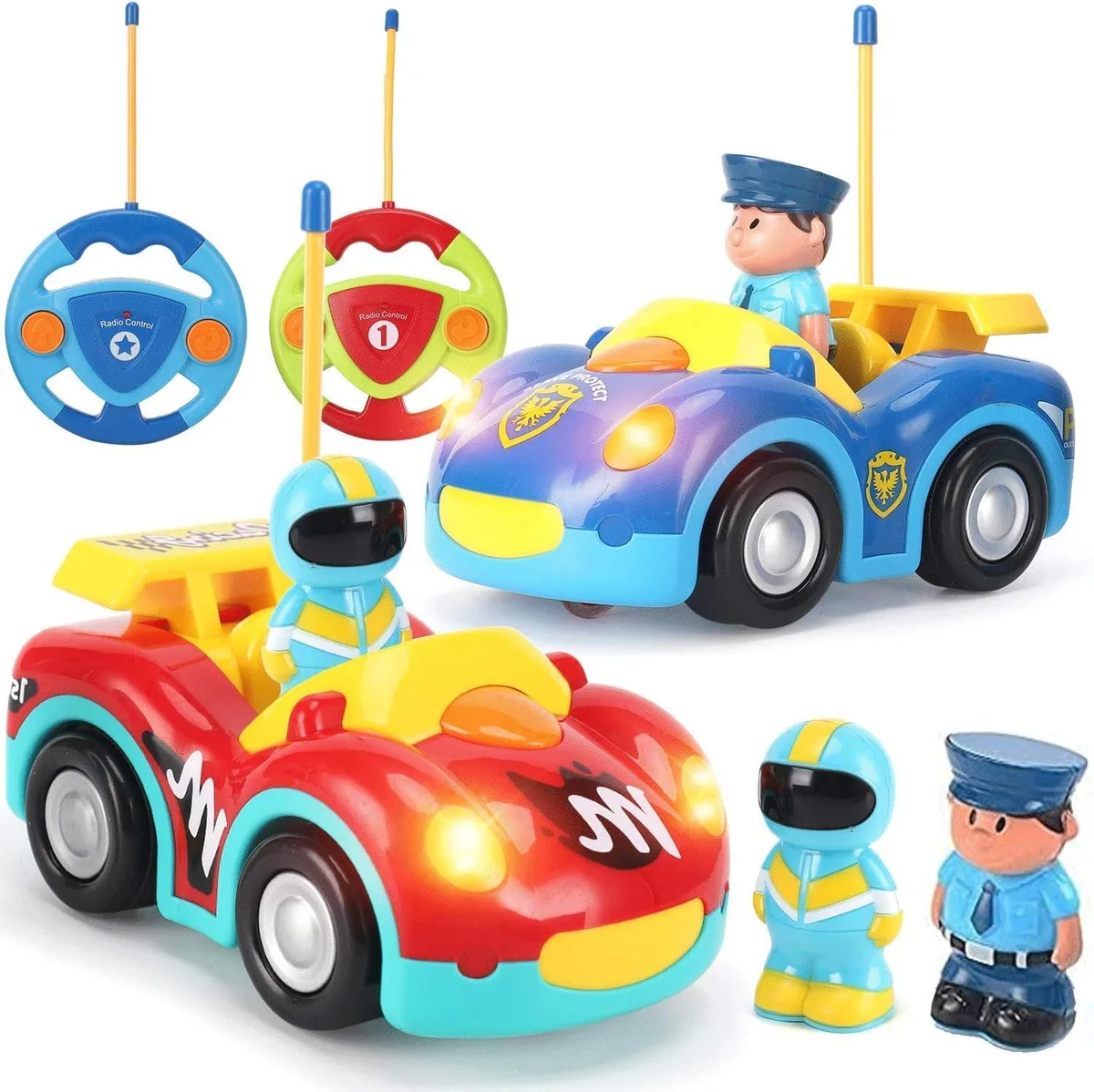 Two cartoon RC cars with steering-wheel remotes, bright colours, removable drivers