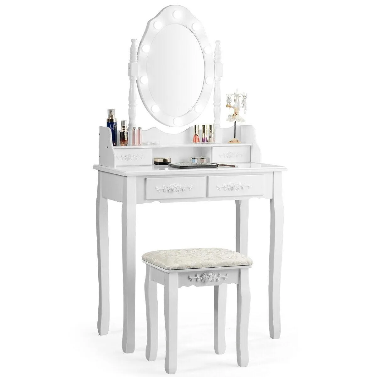 White vanity table with mirror, 10 LED bulbs, three drawers, cushioned stool