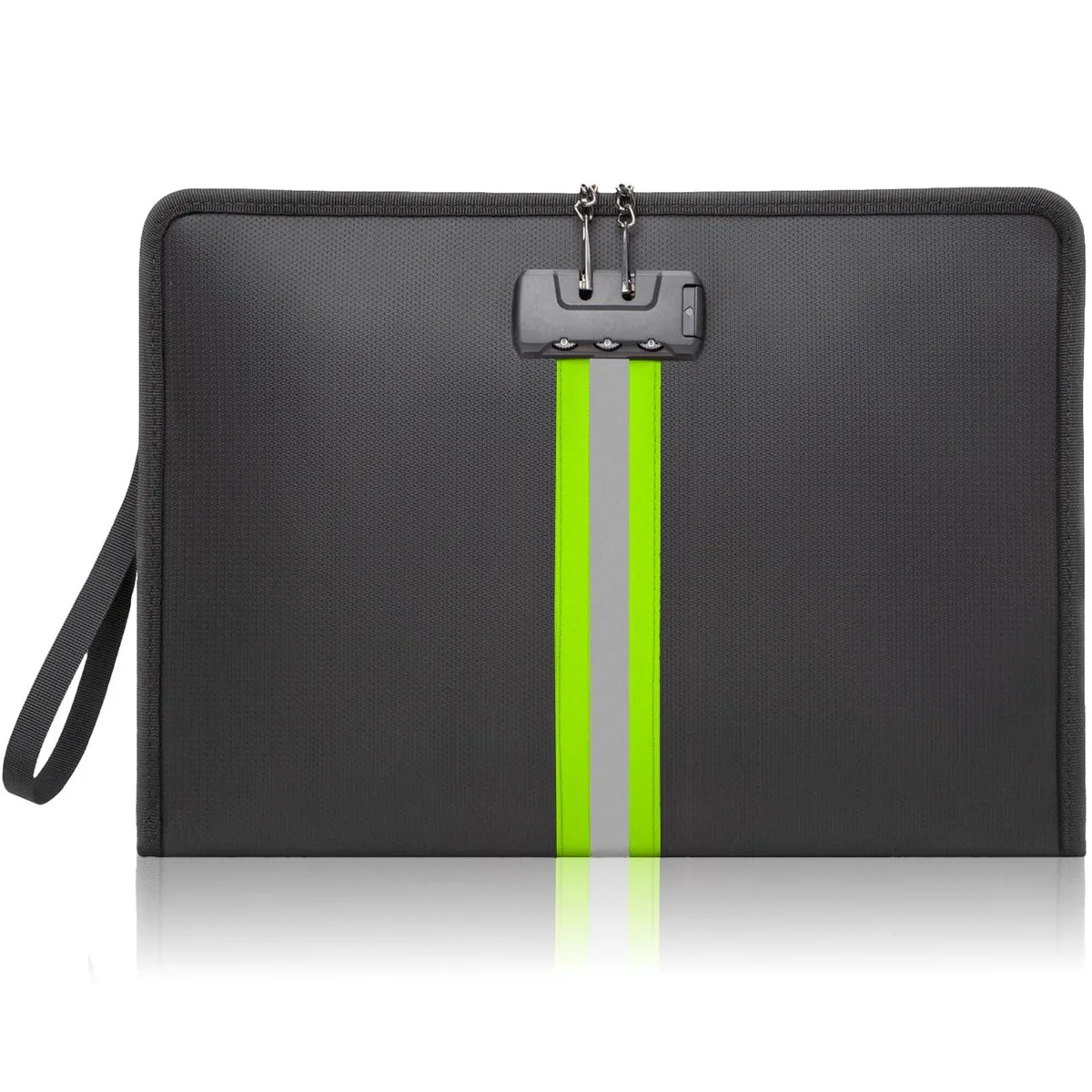 Grey rectangular fireproof document bag with combination lock and wrist strap