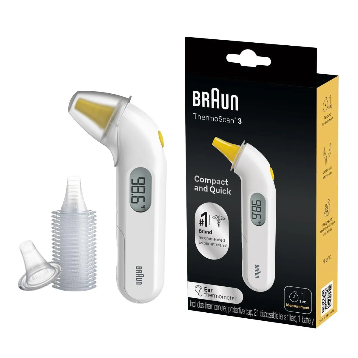 White compact ear thermometer with digital display and protective cap