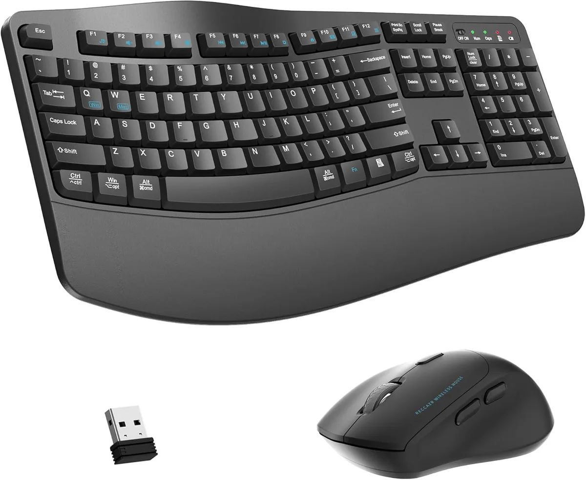 Gray full-size wireless keyboard with wave keys, wrist rest, foldable stand, and matching ergonomic mouse with nano receiver