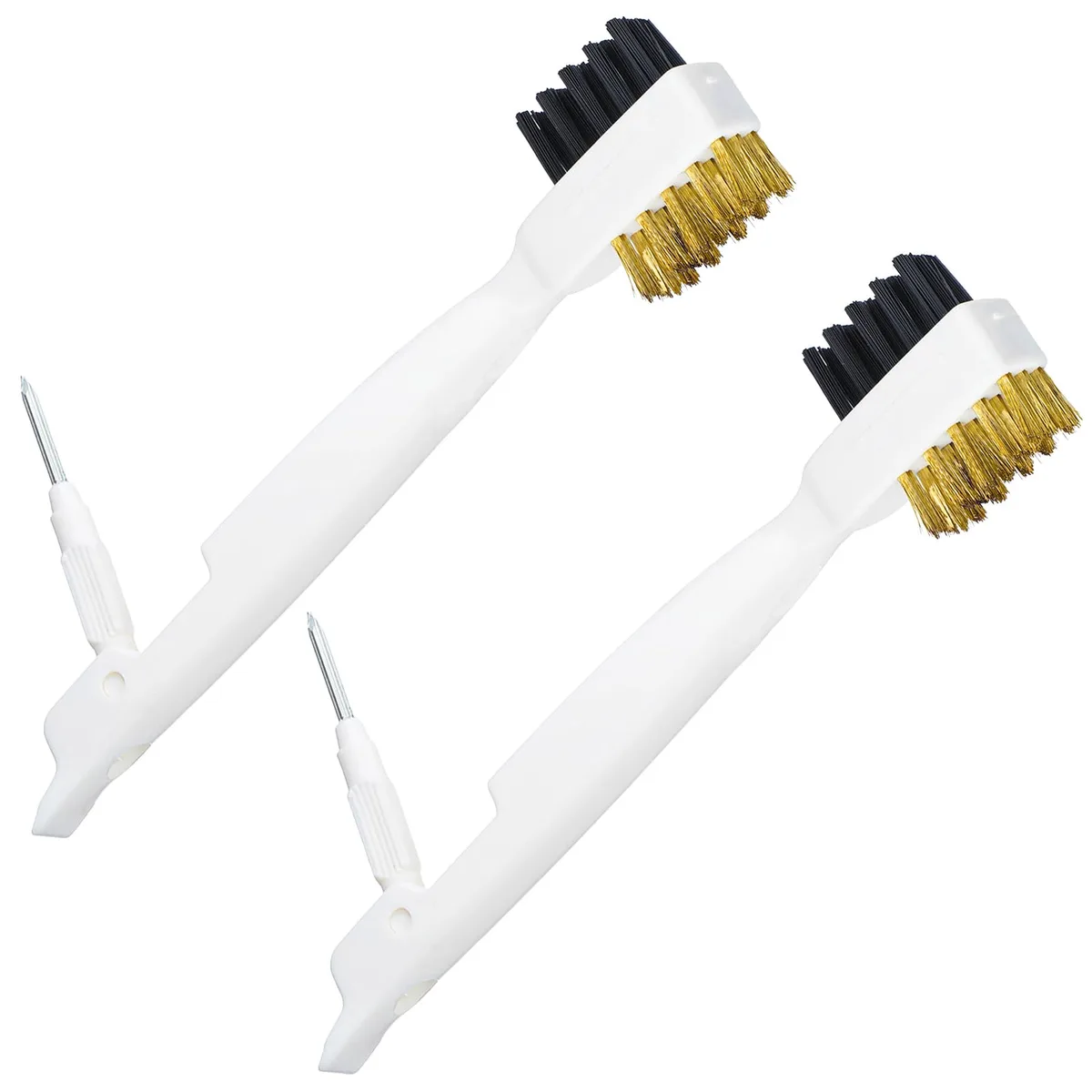 White polyethylene cleaning brush with brass and nylon bristles, steel pick and scraper, hanging hole, 19 x 4 x 1.7 cm