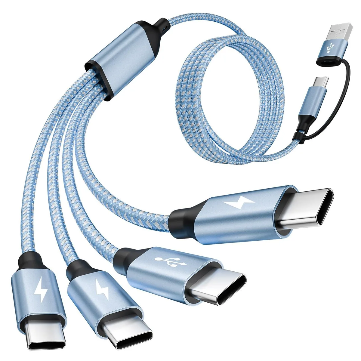 Blue four-way USB-C splitter cable with USB-A adapter, five feet long