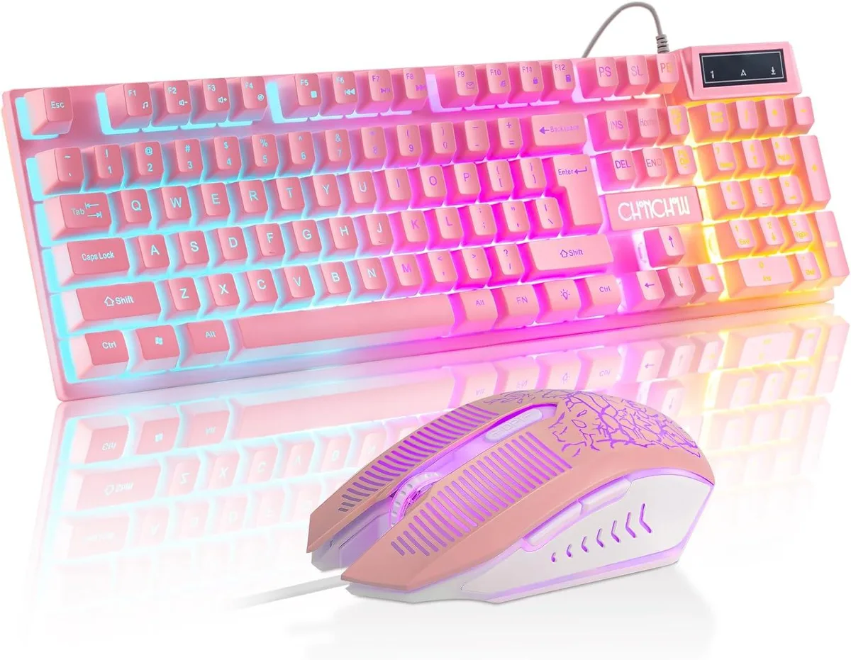 usbroway usbroway Pink Gaming Keyboard and Mouse Combo 104 Keys 19-Key Anti-Ghosting 12 Multimedia Keys DPI 1200-3600 — product photo
