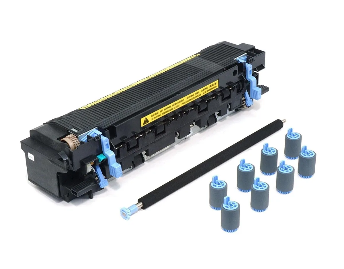 Rectangular black fuser unit with metal rollers and green circuit board