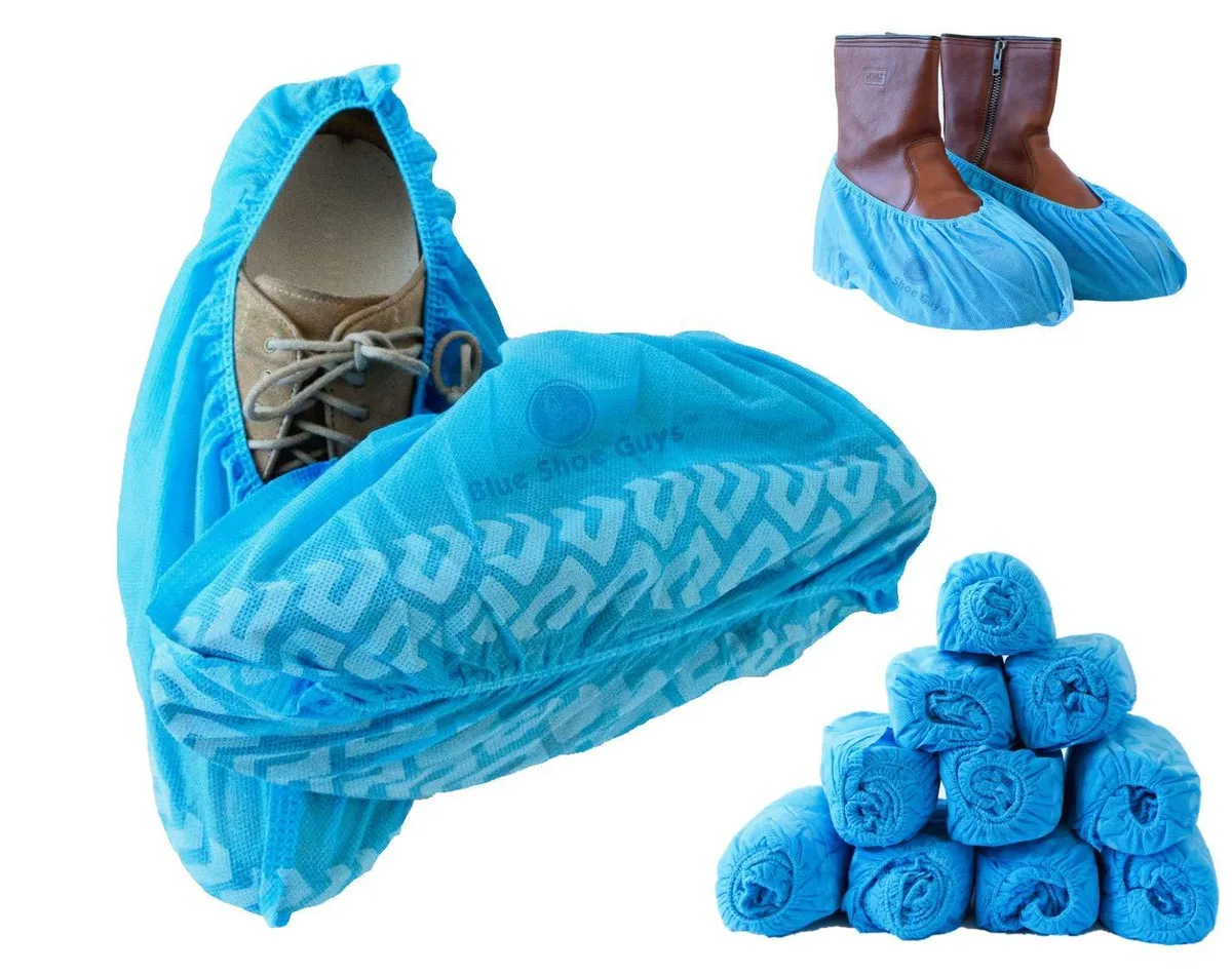 Blue disposable shoe covers in a 100 pack, large 30 inch size with elastic openings