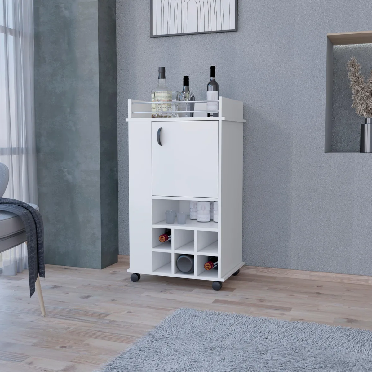FM FURNITURE FM FURNITURE Farson Bar Cart White 6 Wine Racks 2 Shelves 1 Door Casters — product photo
