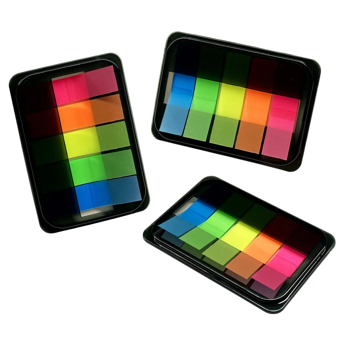 Transparent square sticky index tabs in a pop-up dispenser, 300 pieces, five fluorescent colours