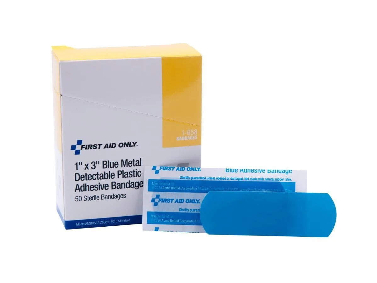 Blue metal-detectable adhesive bandages in a cardboard box, 50 count