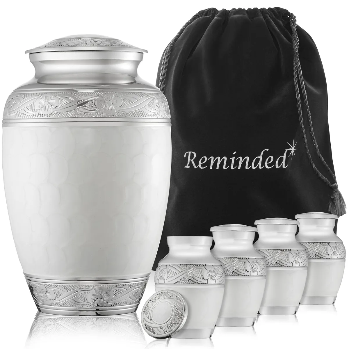 Reminded Reminded 5-Piece Cremation Urn Set White 10" Adult 3" Token — product photo