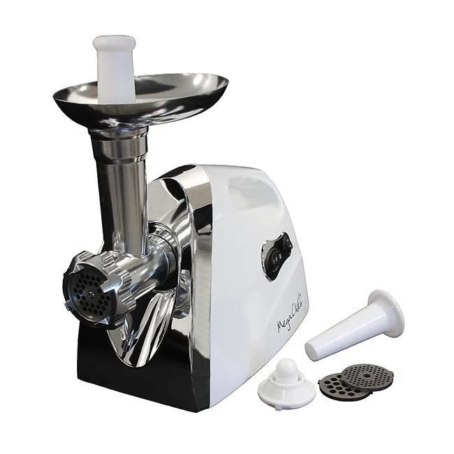 White electric meat grinder with hopper, pusher and stainless steel cutting plates