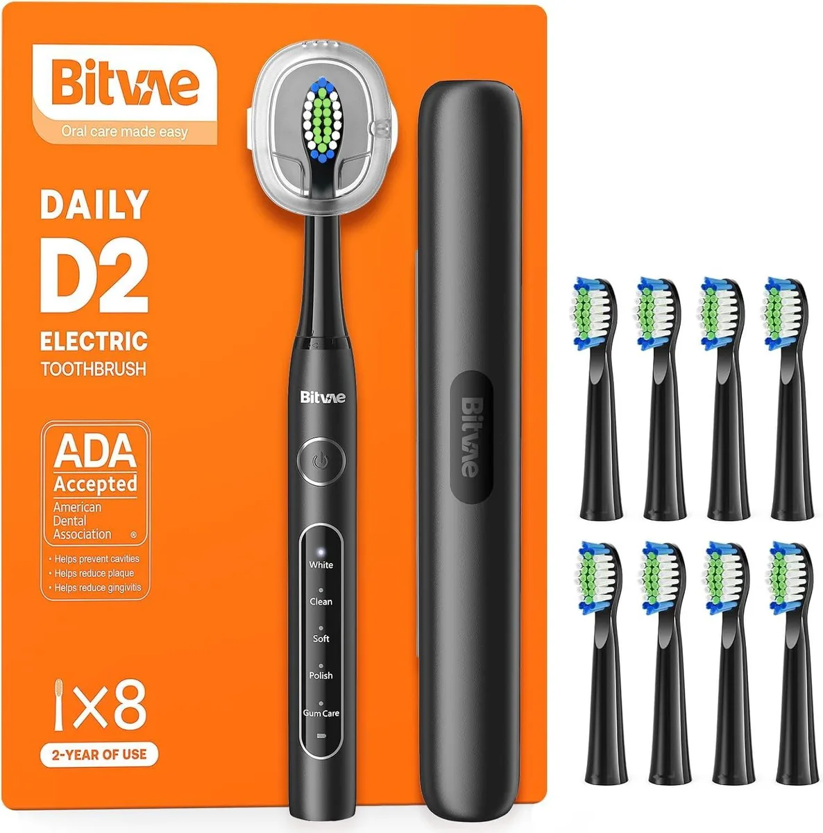 Black electric toothbrush handle with travel cover and multiple brush heads