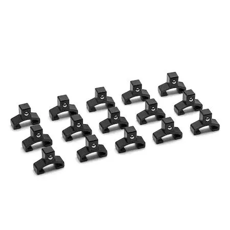 Fifteen black 3/8-inch drive socket clips on a rail