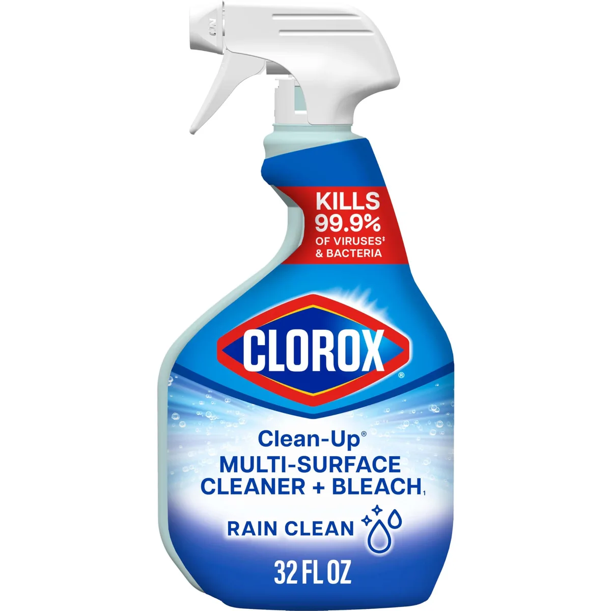 White trigger-spray bottle with blue liquid and white cap
