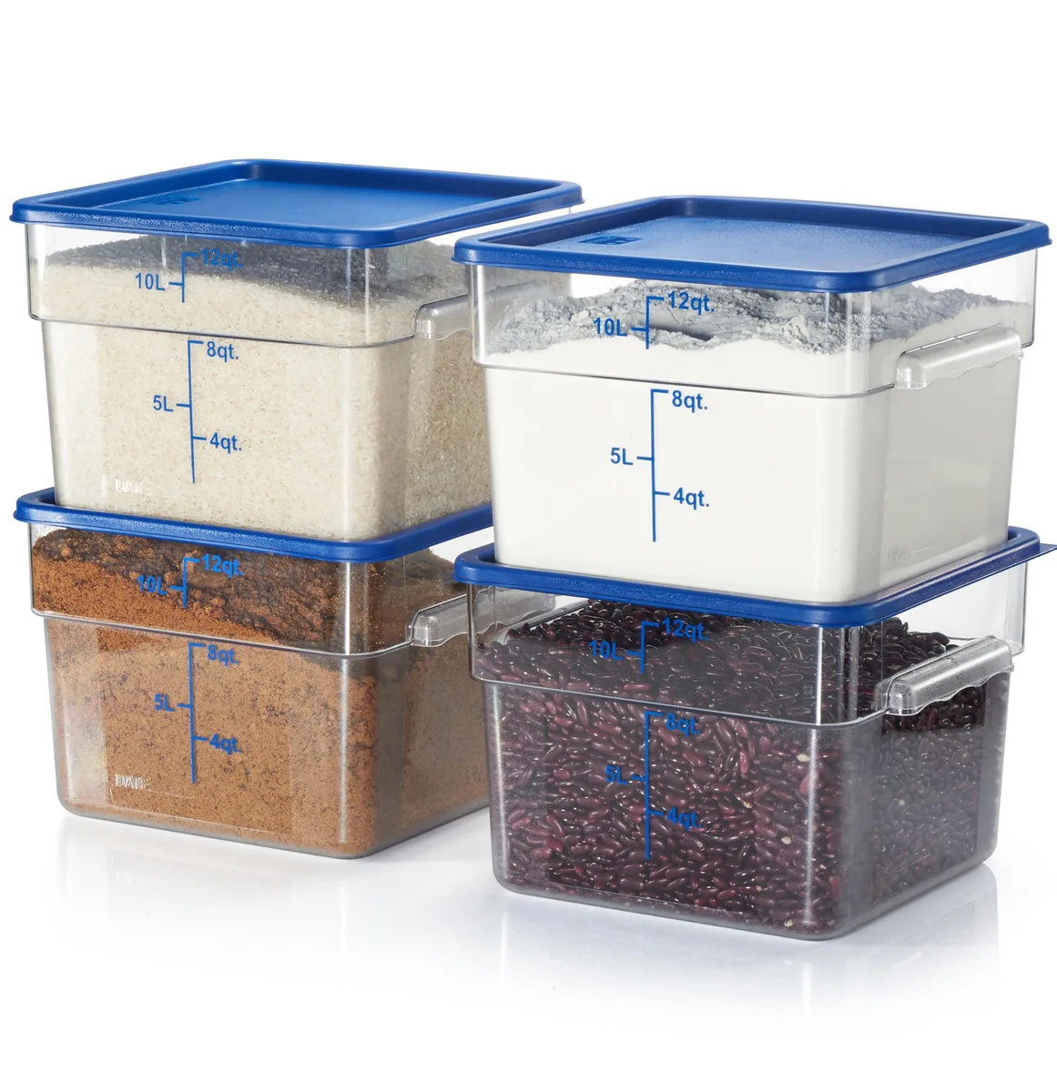 Four square clear polycarbonate containers with blue lids