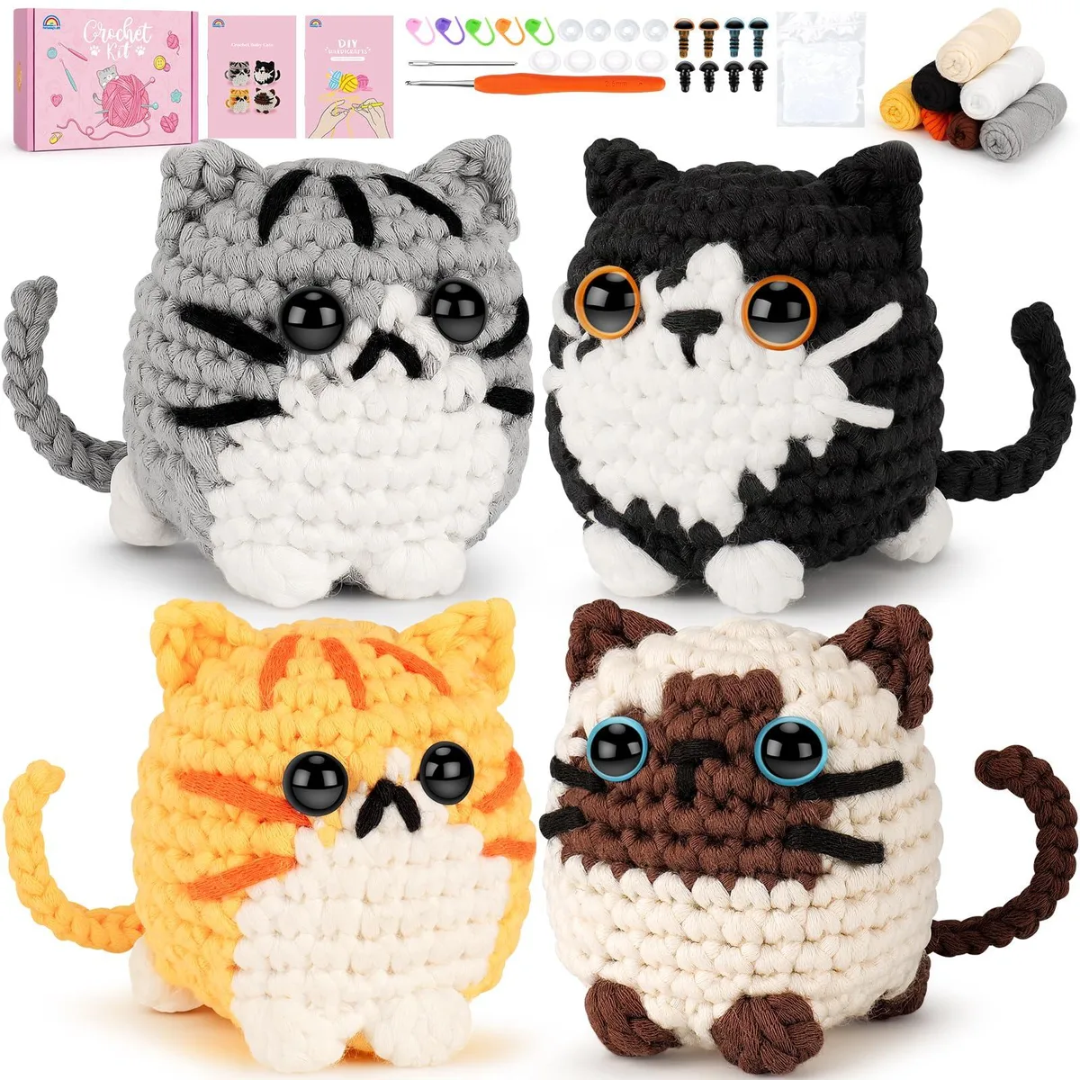 Boxed set of four crochet cat kits with yarn, hook, stuffing and safety eyes