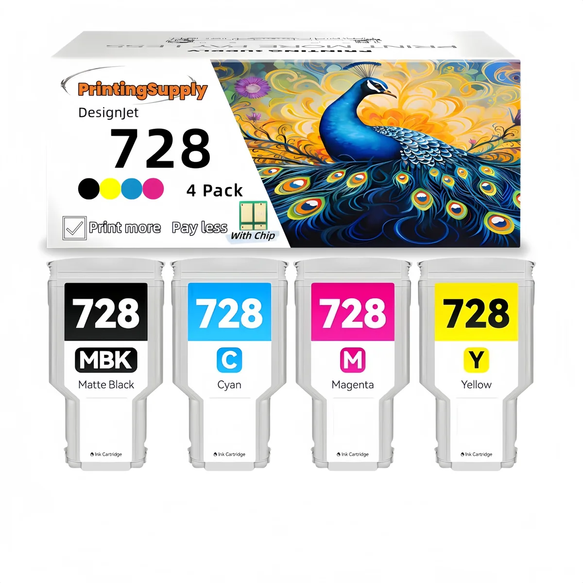 Aster Graphics Inc Aster Graphics Inc 728 Compatible Ink Cartridge 4 Pack 300ml BK 130ml CMY for HP DesignJet T830 T730 — product photo