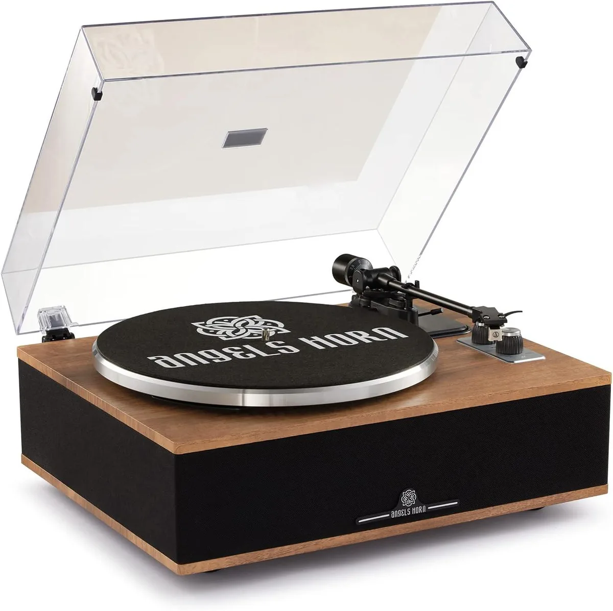 Walnut-finished belt-drive turntable with built-in speakers and Bluetooth 5.0