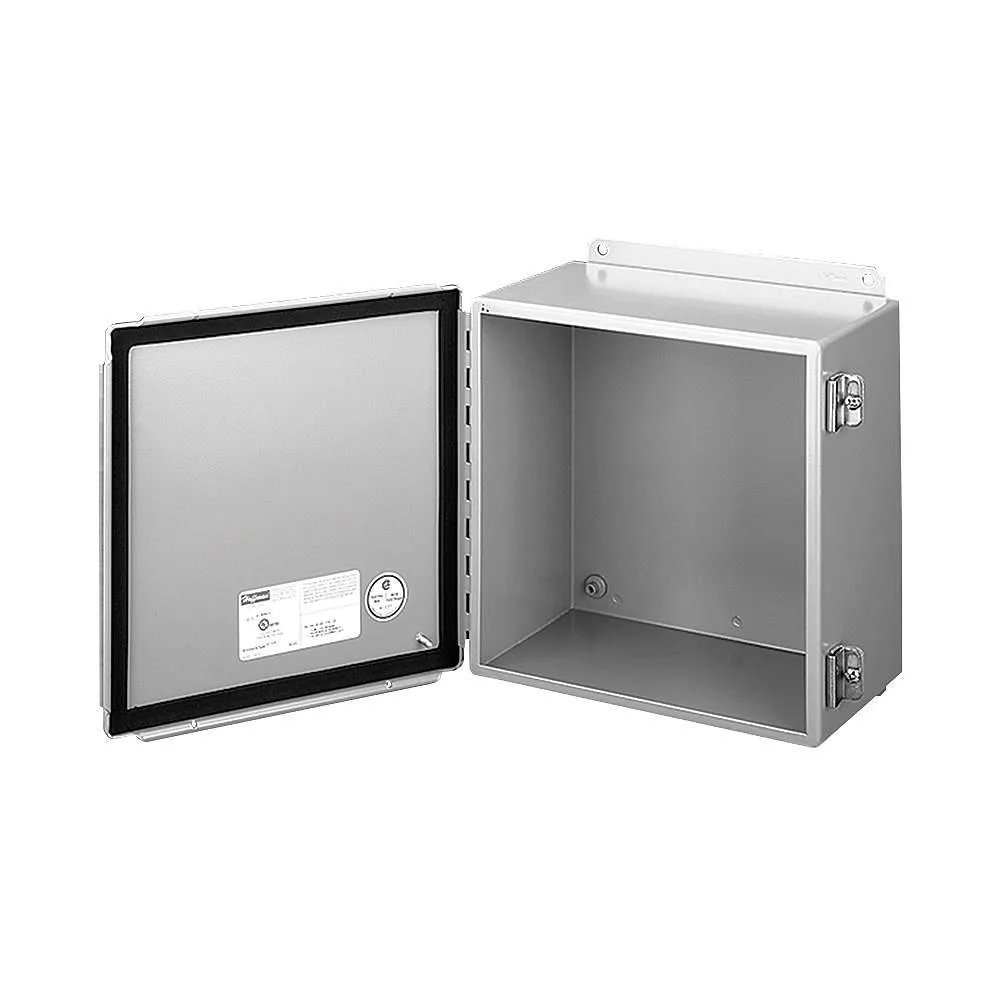 Gray powder-coated carbon steel wall-mount enclosure with hinged solid cover and screw-down clamps