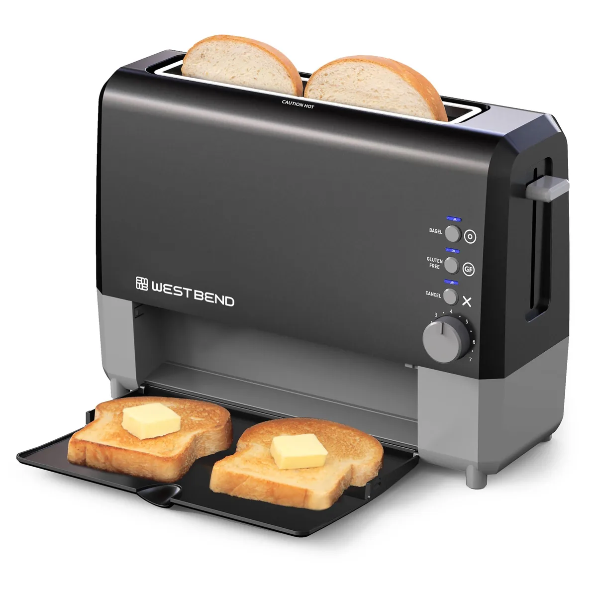 Black two-slice wide-slot toaster with slide-through serving tray, 10 by 15 inches