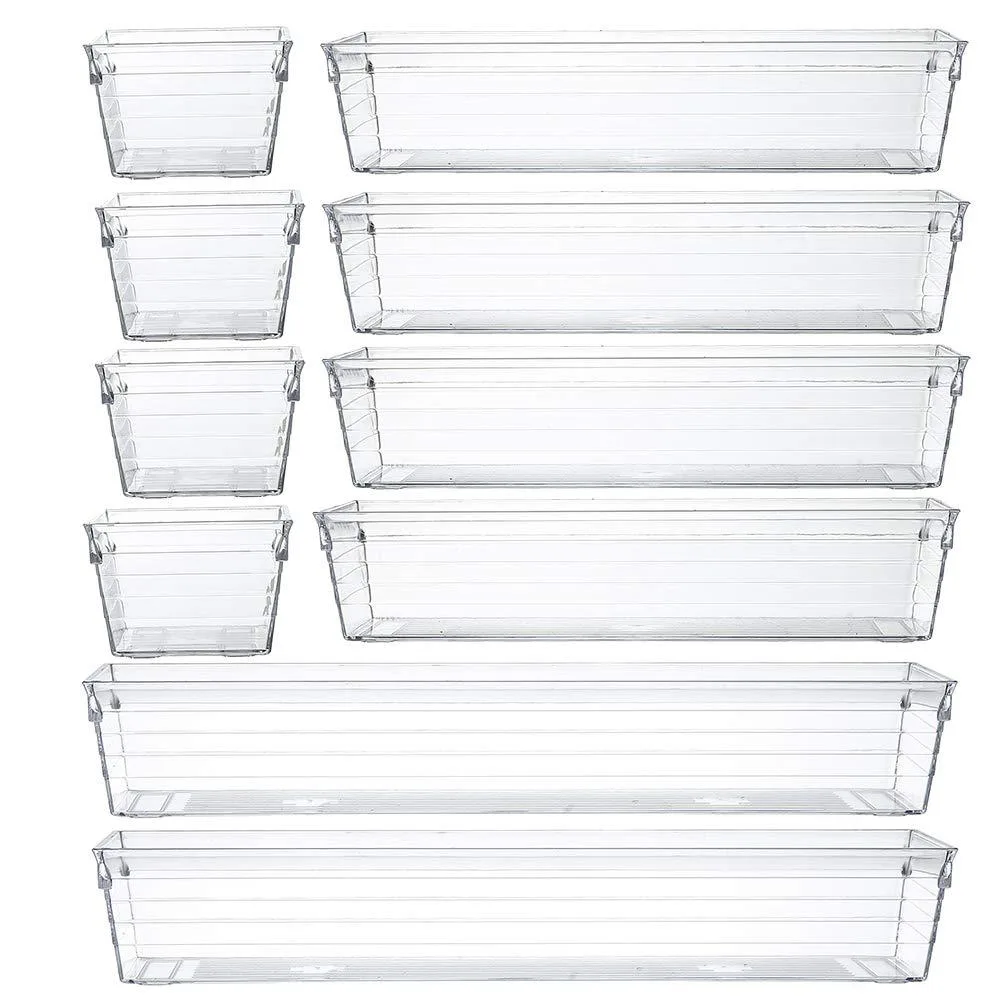 Ten clear acrylic drawer organisers in assorted rectangular sizes, glossy black finish