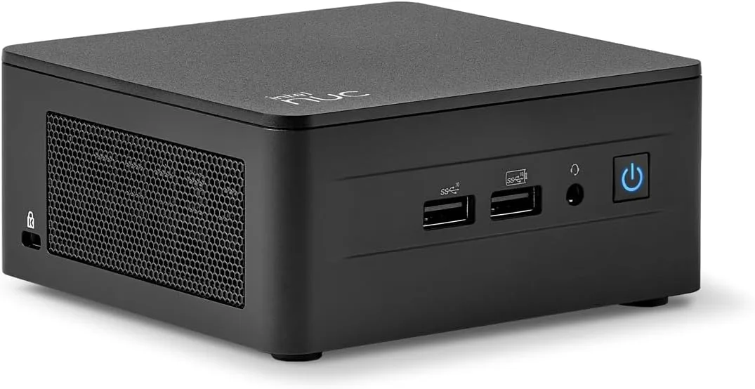 Small square black mini PC with front USB ports and top Intel NUC branding