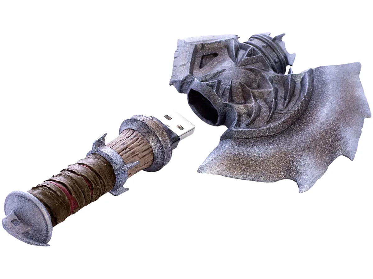 Durotan's War Axe shaped cable holder with Micro USB and Lightning cables inside