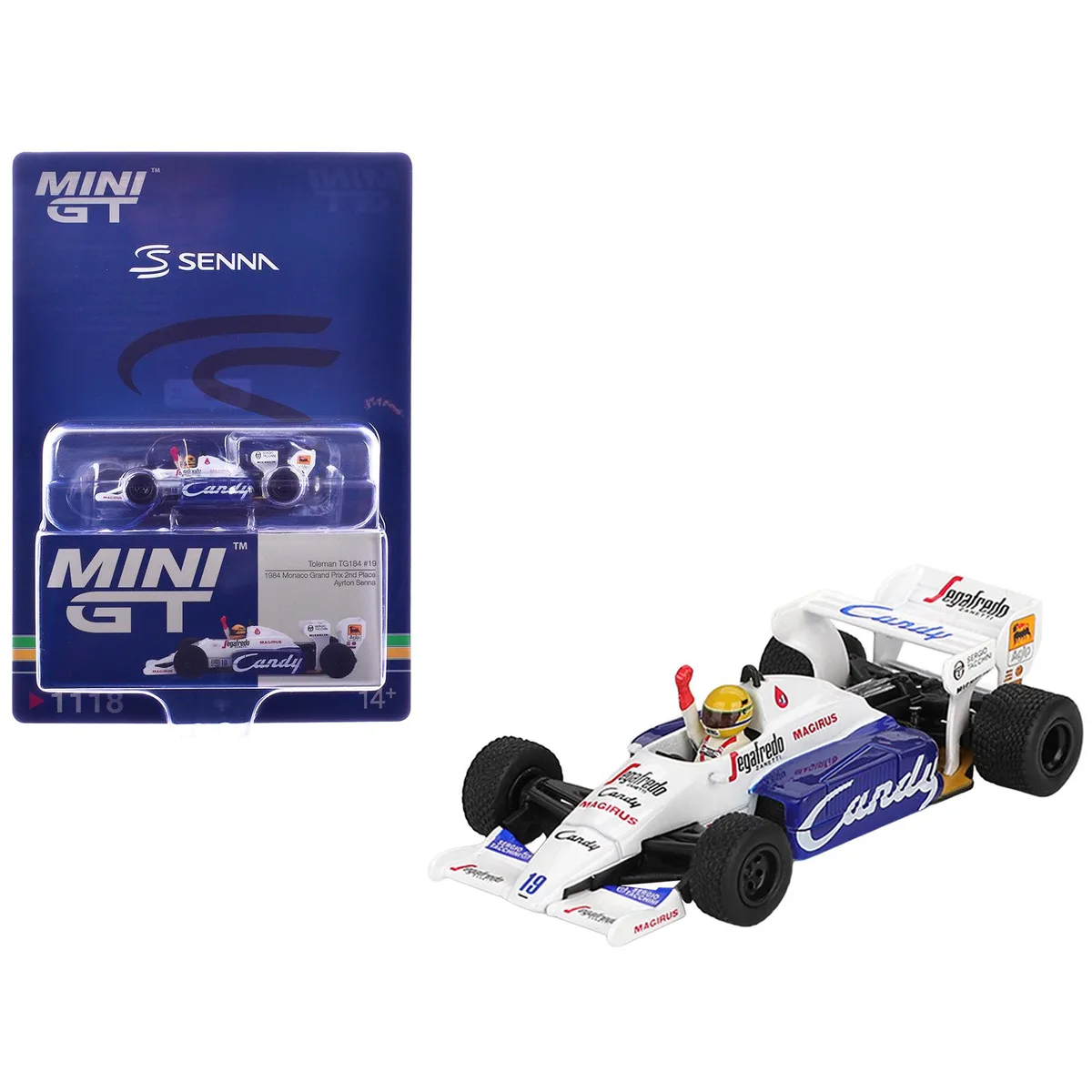 Mini GT Mini GT Toleman TG184 #19 Senna Monaco GP 1984 1/64 Diecast with Figure — product photo