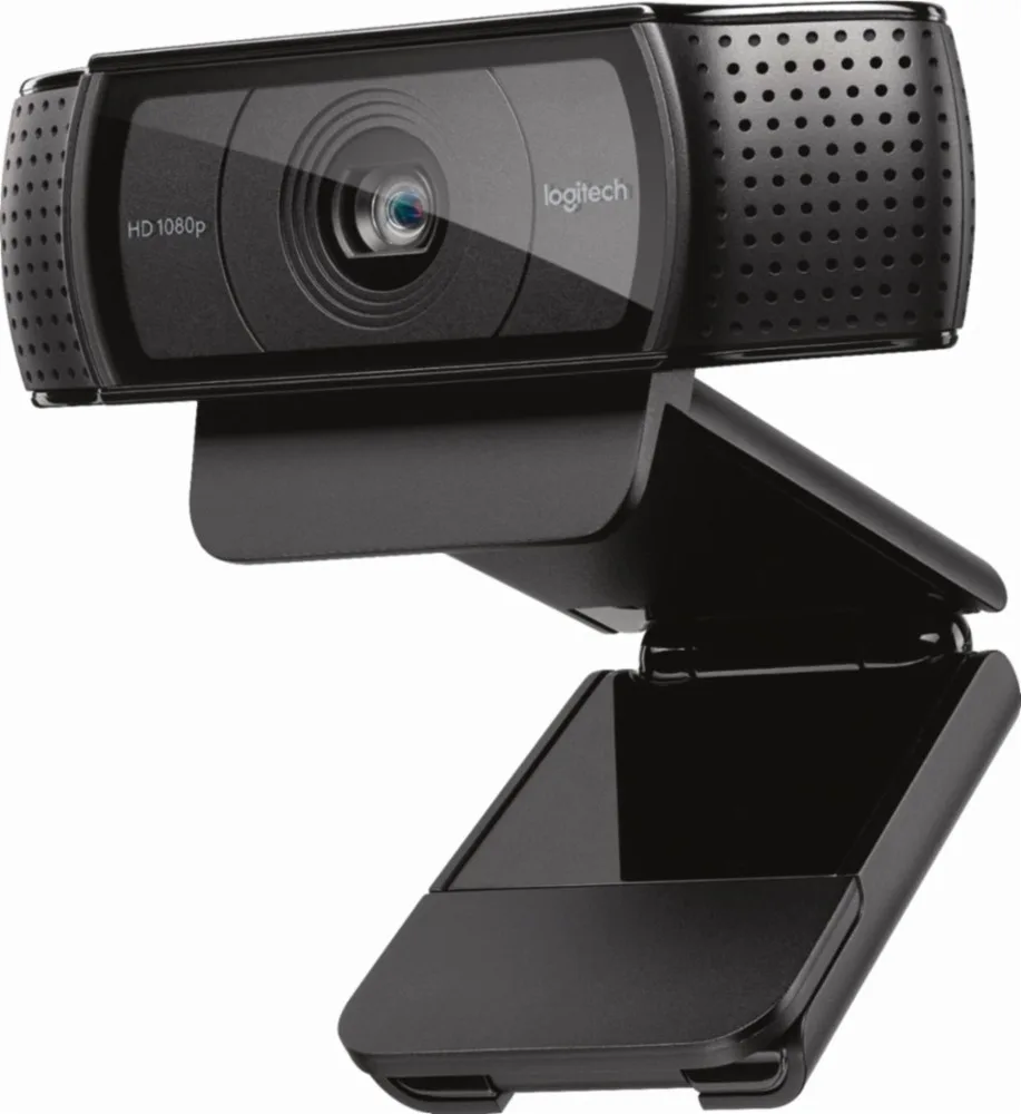 Black rectangular webcam with glass lens and built-in stereo microphones