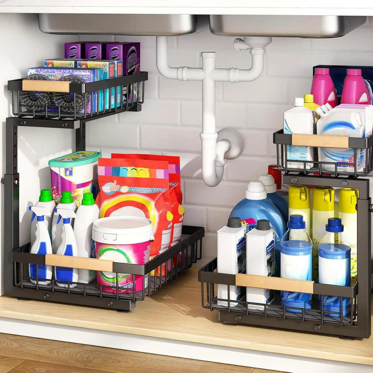 Two black brushed-metal C-shaped pull-out shelves with wooden handles, shown side by side
