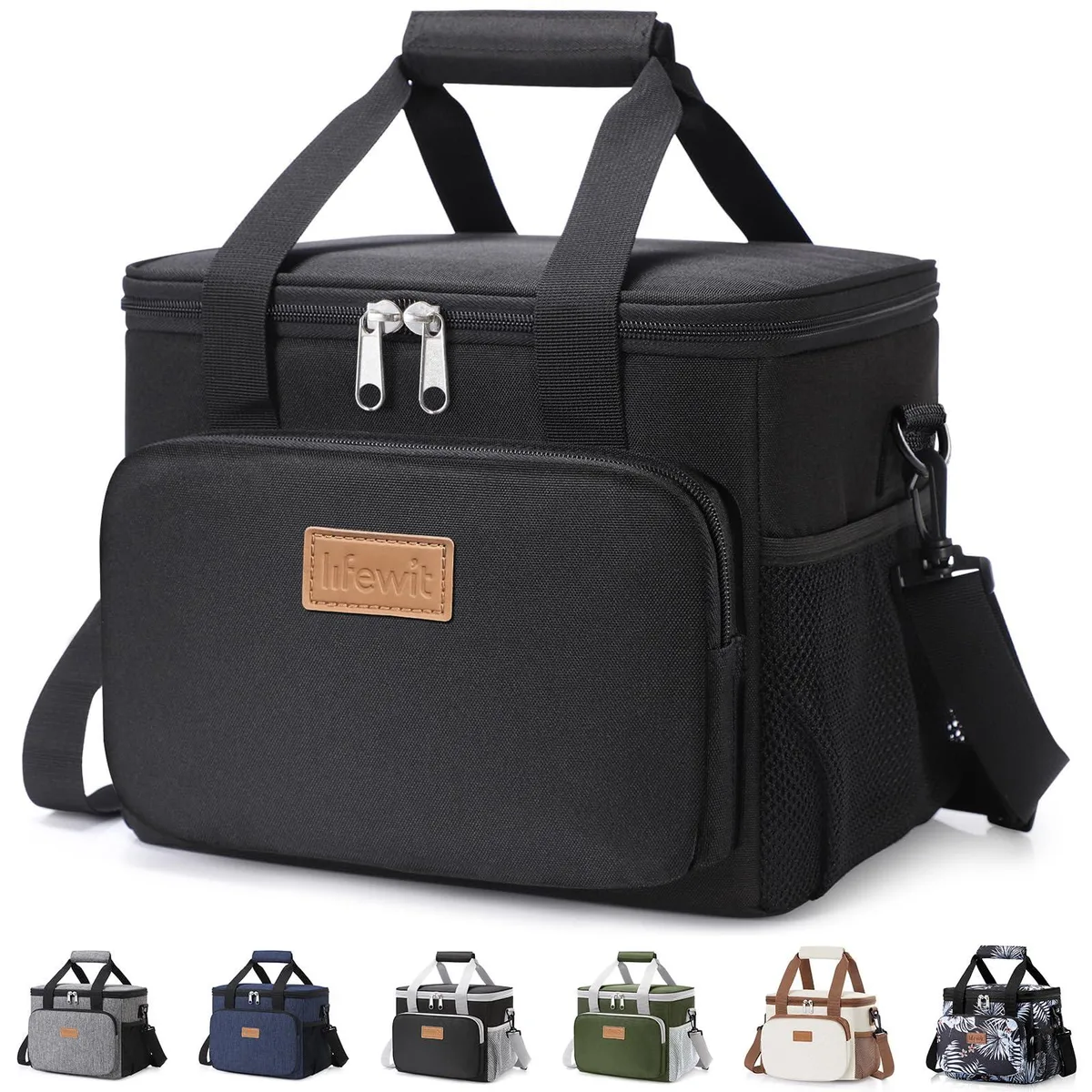 Beige insulated lunch bag with front pocket and side mesh pocket, soft rectangular shape, fabric handles and shoulder strap