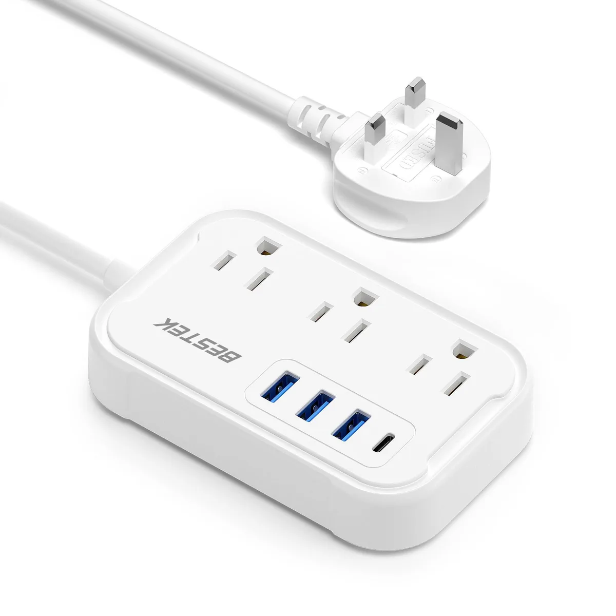  BESTEK 7-in-1 Type G Adapter 3 AC 4 USB PD20W 2.6ft — product photo