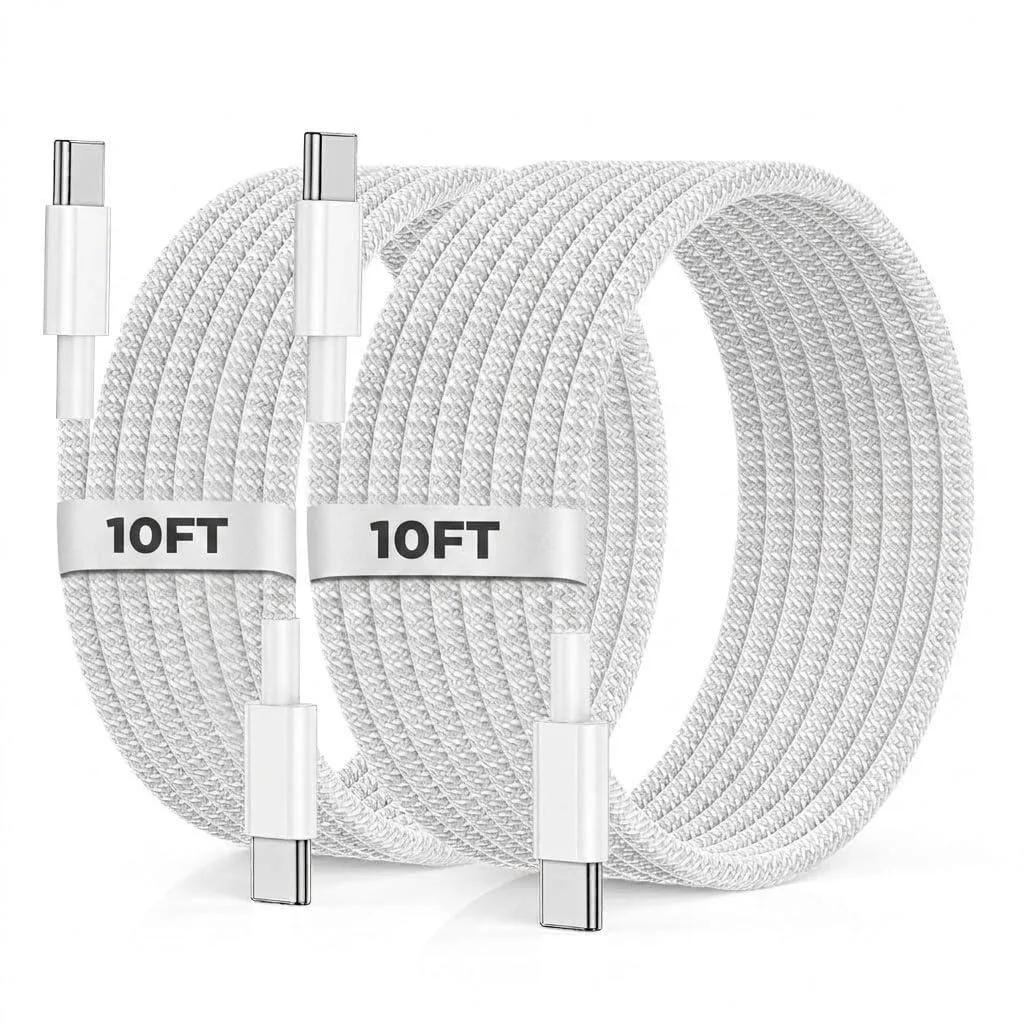 Two orange braided USB-C to USB-C cables, each ten feet long, coiled together