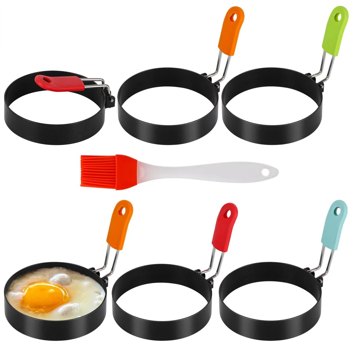 Six stainless steel egg rings with folding silicone handles