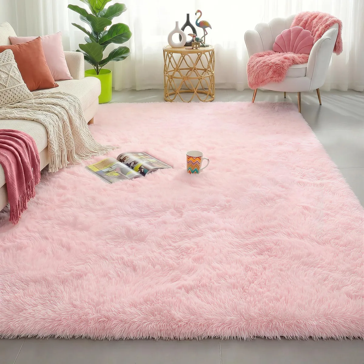 Light pink rectangular polyester shag rug with 1.5 inch pile and rubber backing