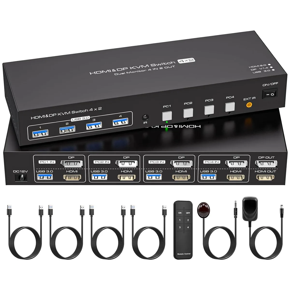 LUOM LUOM SW244-1DP1HD KVM Switch 4 Computers 2 Monitors 4K 60Hz HDMI 2.0 DP 1.4 USB 3.0 — product photo