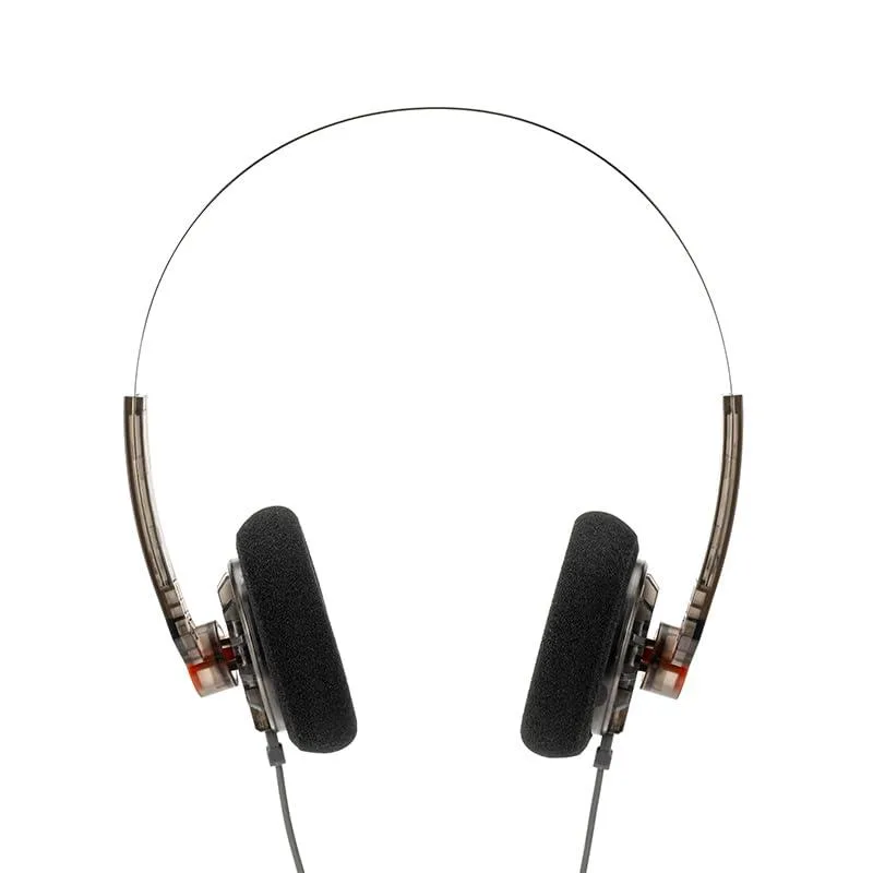 White on-ear headphones with open-back earcups and detachable cable