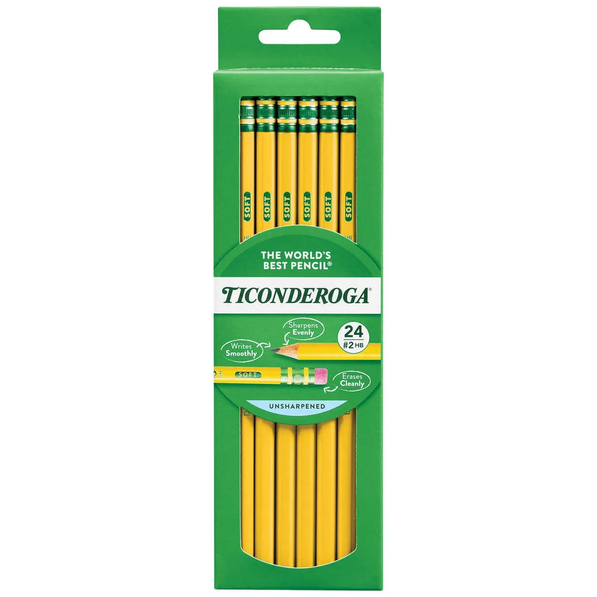 Box of 24 yellow wooden pencils with green and gold ferrules