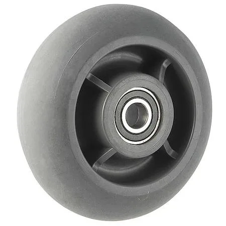 Black rubber caster wheel eight inches wide with plastic hub and ball bearing axle