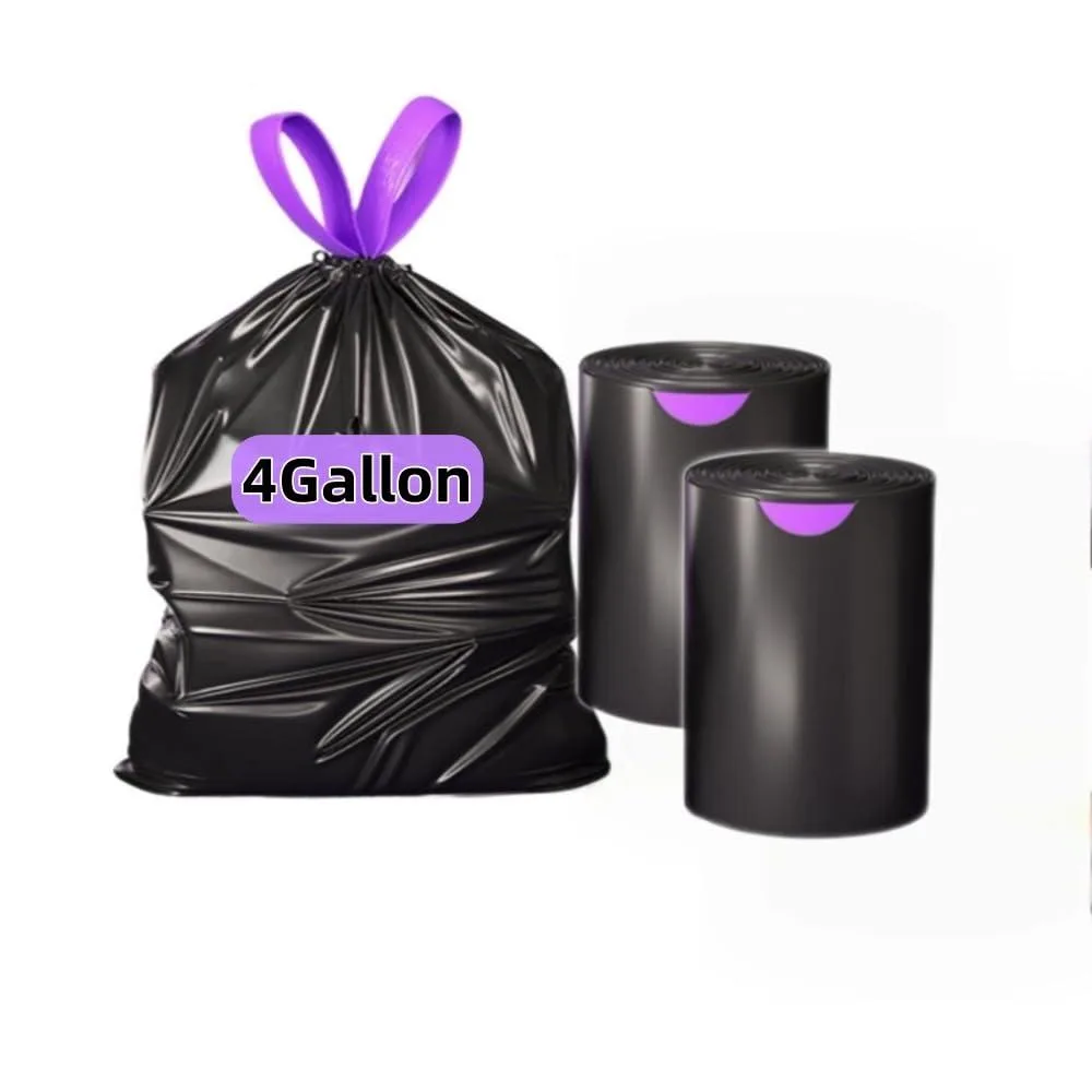 A pack of 120 black 4-gallon drawstring trash bags on two rolls