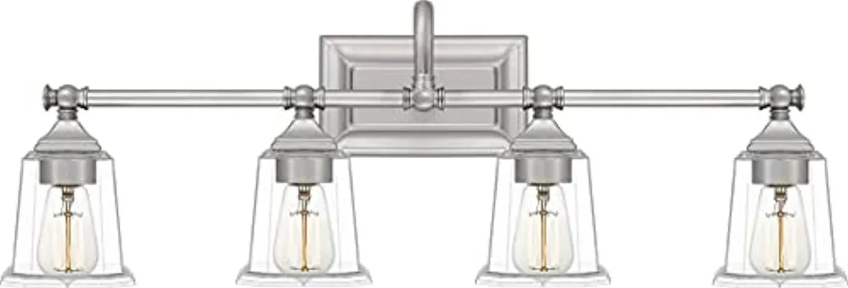 Brushed nickel four-light bath fixture with tapered square glass shades and rectangular backplate